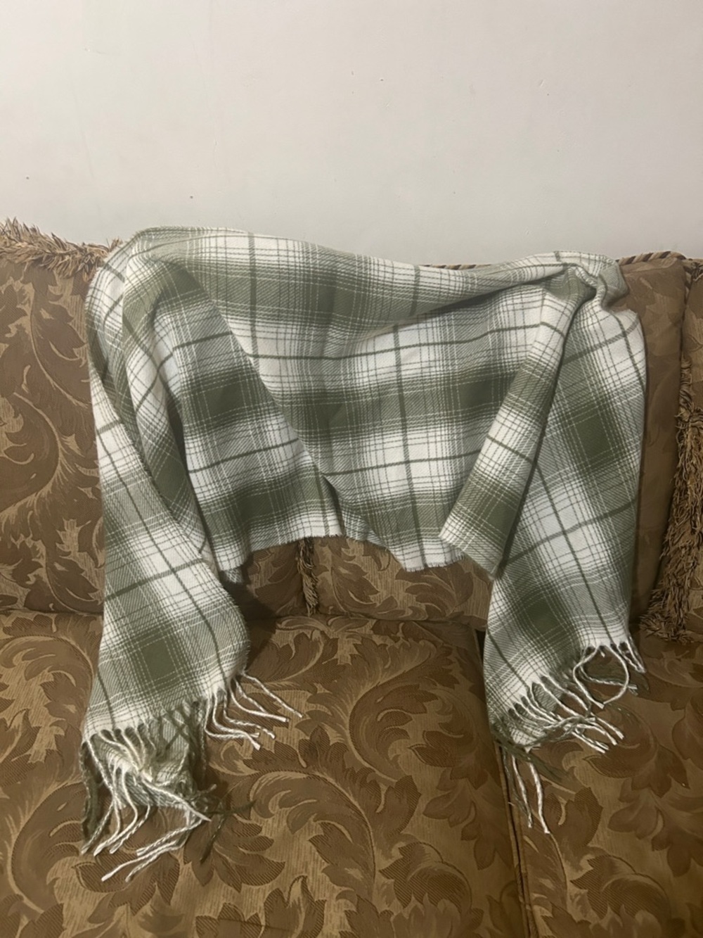 Cozy Green and White Plaid Fringe Throw Blanket